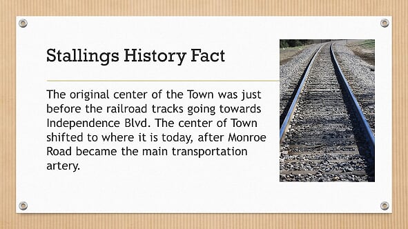 The original center fo the Town was just before the railroad tracks going towards Independence Blvd. The center of Town shifted to where it is today after Monroe Road became the main transportation artery.